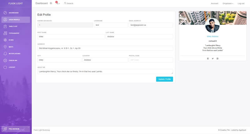 Light Bootstrap Dashboard, the user profile page. 