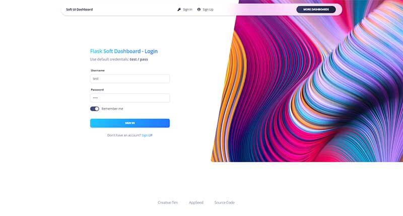 Login page served by Flask Soft UI Dashboard, an open-source seed project generated by AppSeed. 