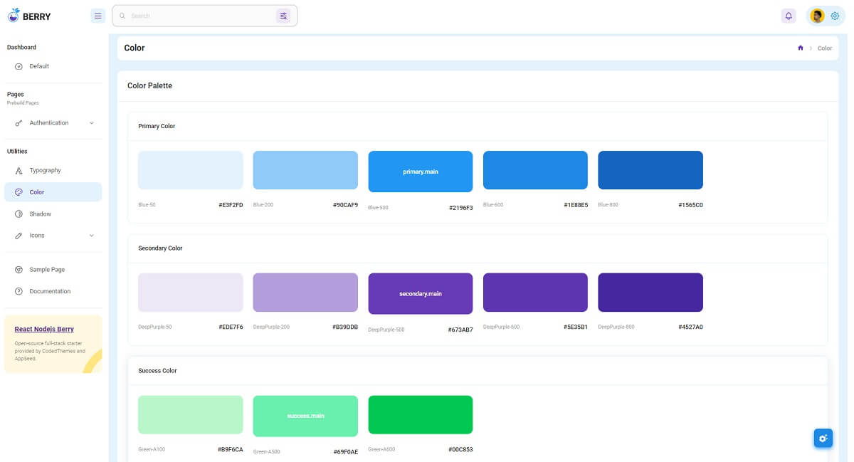 React Node JS Berry - UI Colors Page.