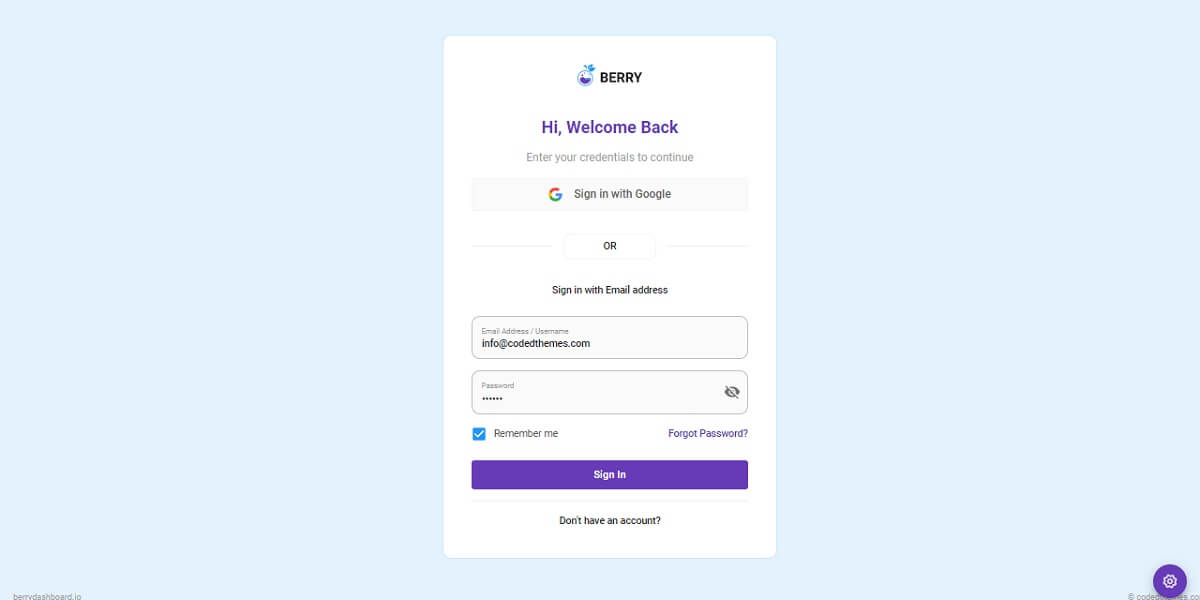 A modern, coloful login card with fields like username and passord and a big blue button at the bottom, all provided by React Node JS Berry, an open-source full-stack seed project crafted by AppSeed and Creative-Tim. 