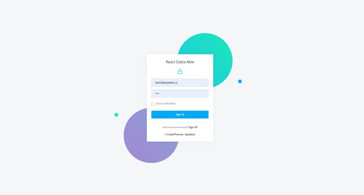 A colorful login page with two bouncing balls in the backend and a authentication form on top - ll provided by a React Datta Able (free version).