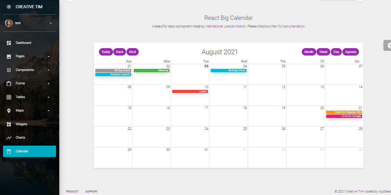 React Node JS Material PRO - Calendar Page.