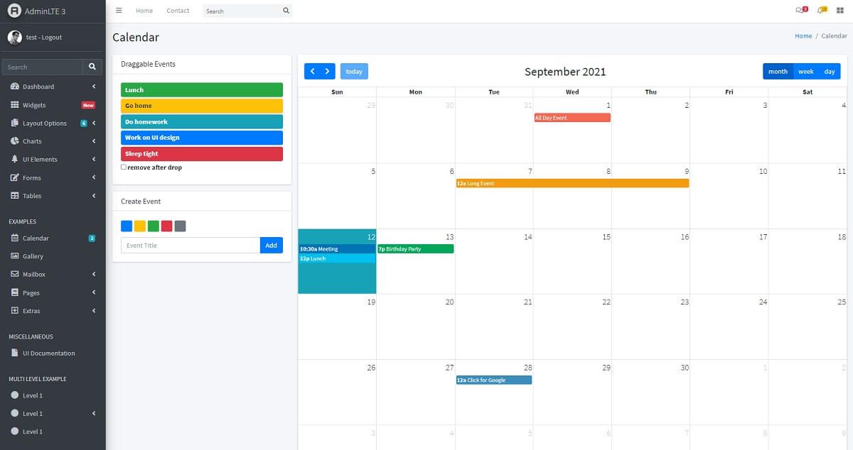 A modern dashboard page with a black left menu and a colorful calendar in the center of the page. AdminLTE is an open-source design enhanced with a few useful features in Django.  