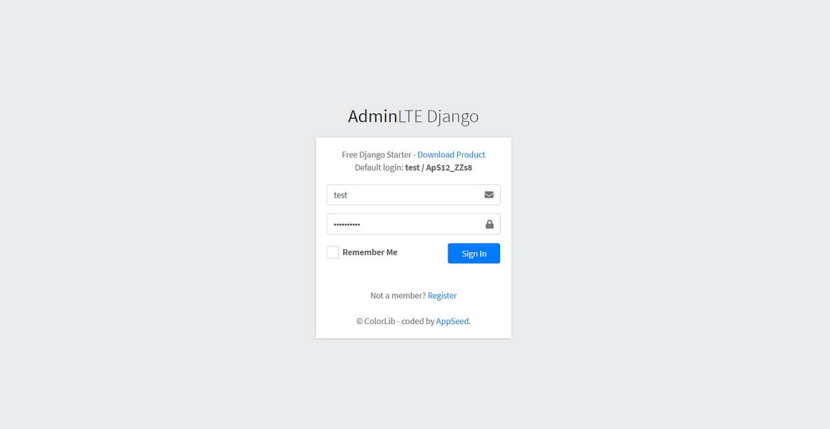 A simple login page exposed by AdminLTE Django, an open-source Django Dashboard crafted by AppSeed. 