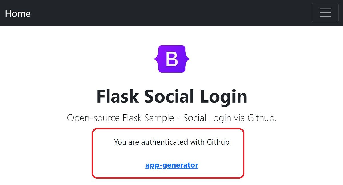 Flask Social Login - The confirmation page after a sucessfull login via Github. 