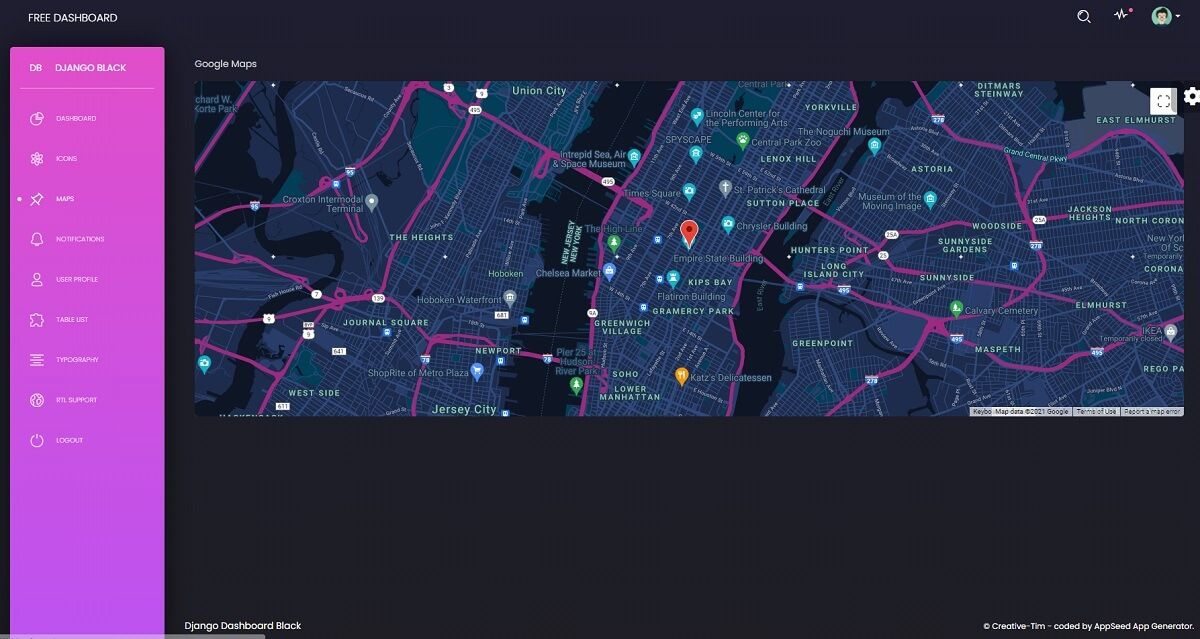 A dark-themed dashboard page with a left menu and a Google maps widget in the center of the page. Django Dasboard Black is an open-source seed project provided by AppSeed and Creative-Tim.