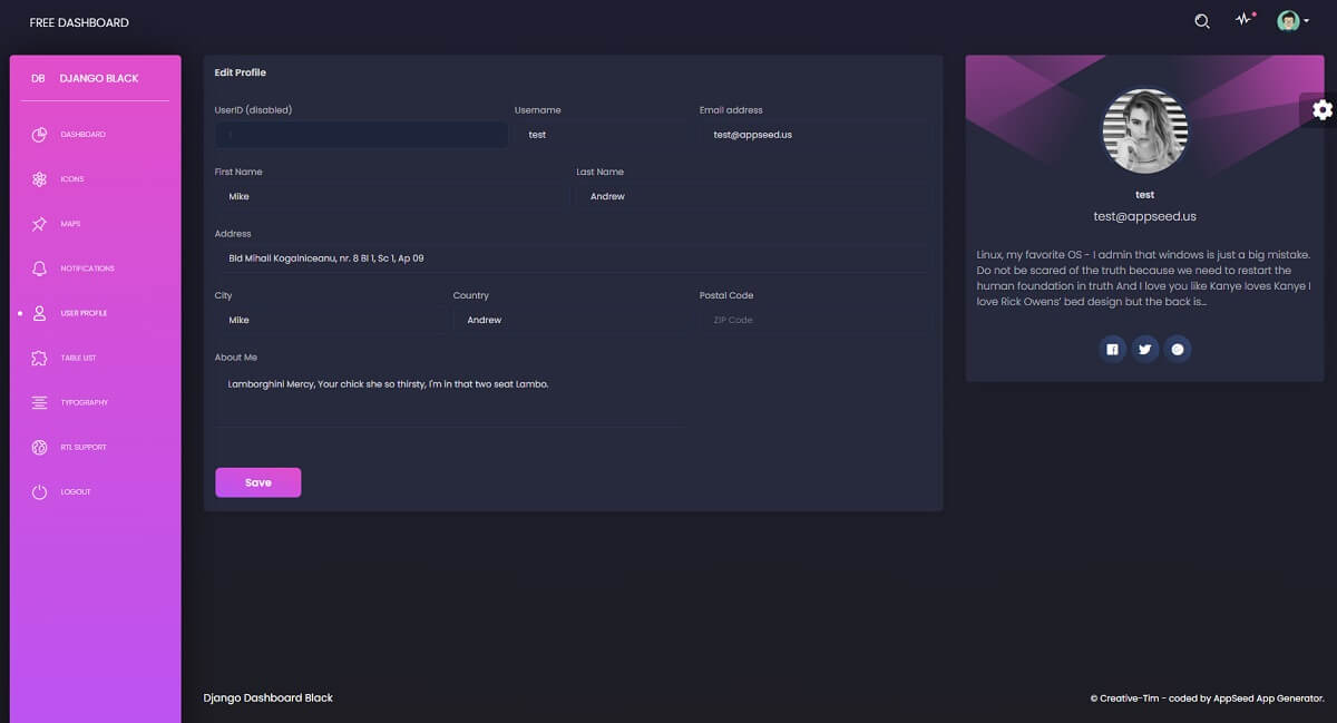 Django Dashboard Black - User Profile Page.