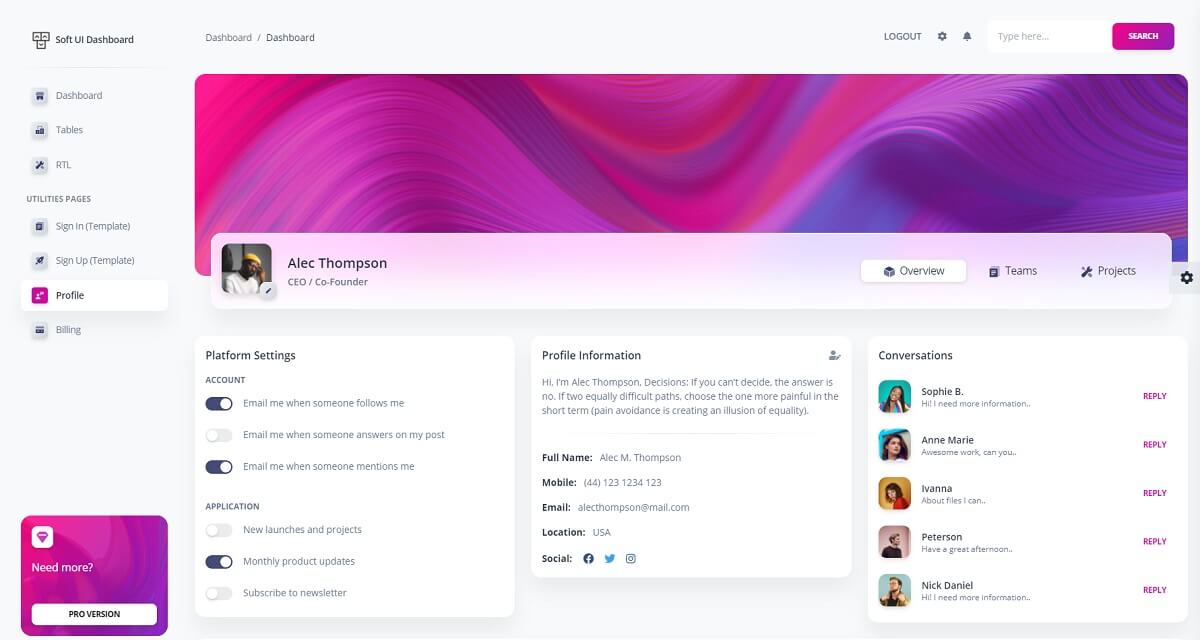 A colorful user profile page with a left menu and card plus user information in the center of page. The product used a Soft UI design and a Django core for the functionalities. 