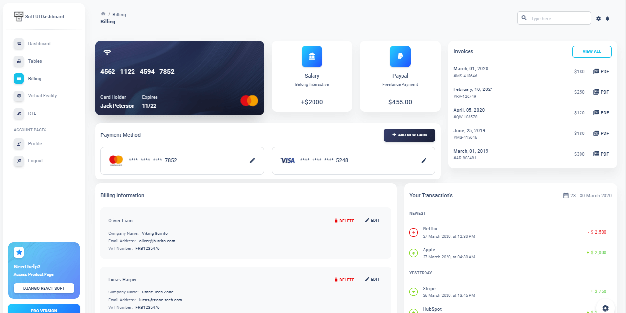 A colorful Billing page with nice widgets crafted by Soft Dashboard in React and Django.