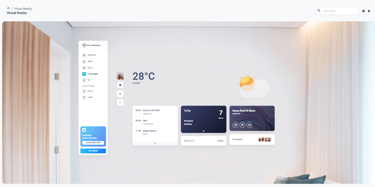 A futuristic VR page crafted by Soft Dashboard in React and Django.