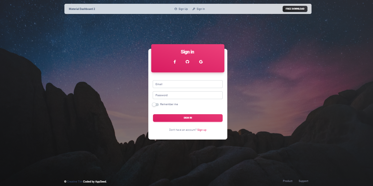 Login page of Material Dashboard 2, a modern dashboard crafted on top of Bootstrap 5 design.