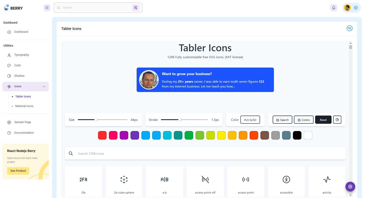 React Berry Dashboard - Icons Page.
