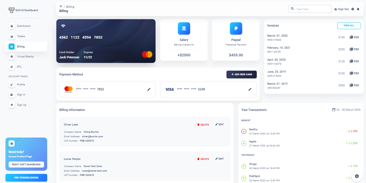 Node JS React Soft Dashboard - Billing Page.