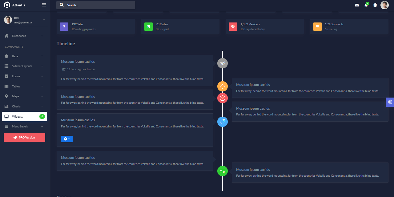 A coloful and dark-themed timeline page provided by Atlantis Lite, an open-source Flask Dashboard.