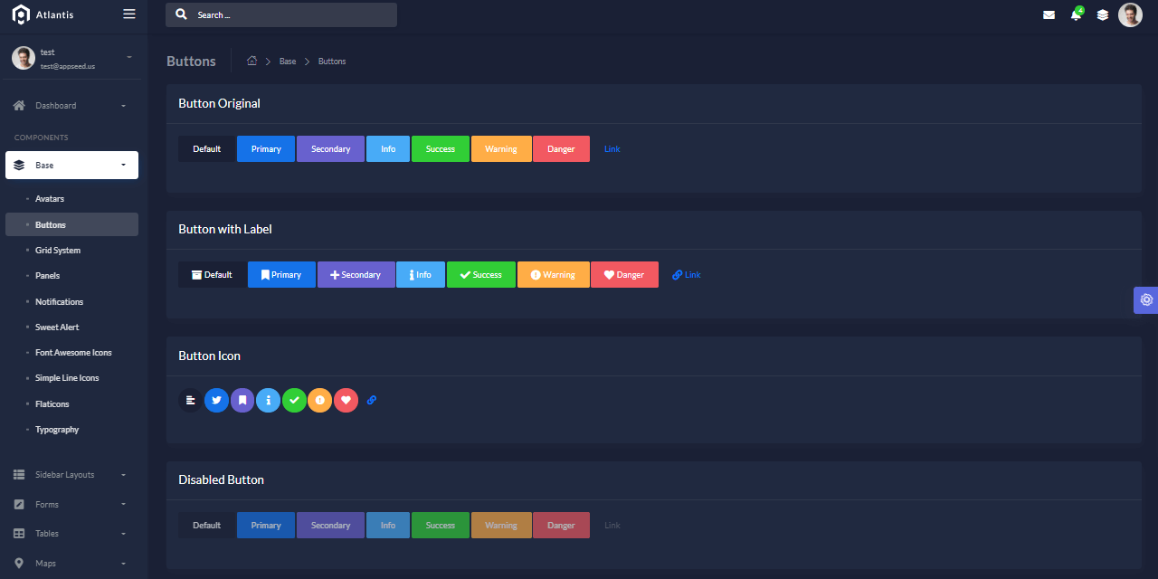 A coloful and dark-themed UI Components page provided by Atlantis Lite, an open-source Flask Dashboard.
