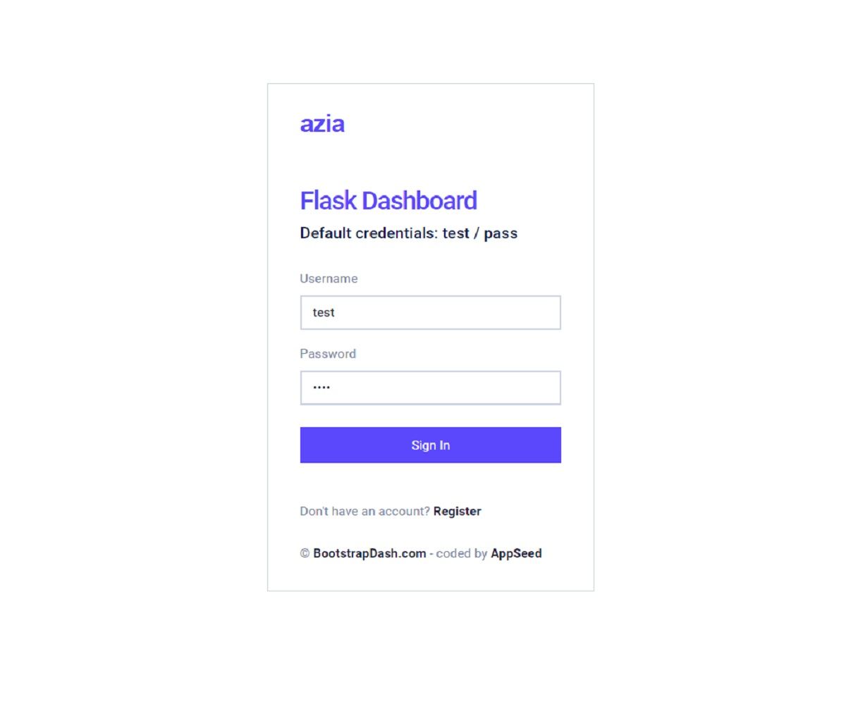 A simple login page provided by Azia Admin, an open-source Flask Dashboard provided by AppSeed. 