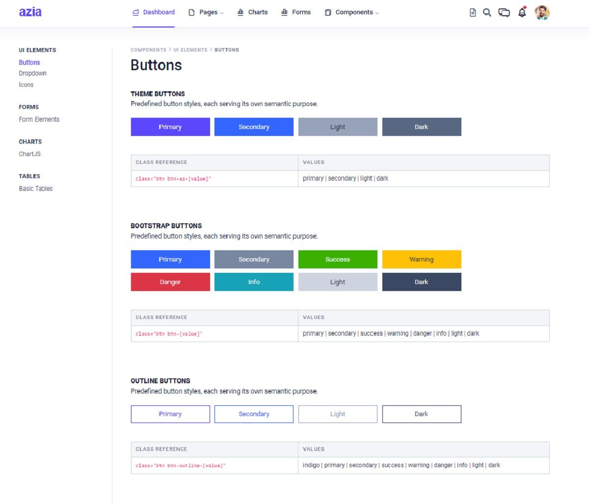 A colorful UI buttons page provided by Azia Admin, an open-source Flask Dashboard provided by AppSeed. 