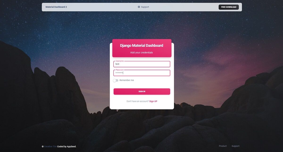 A modern login page provided by Material Dashboard a free project generated by Django CookieCutter.