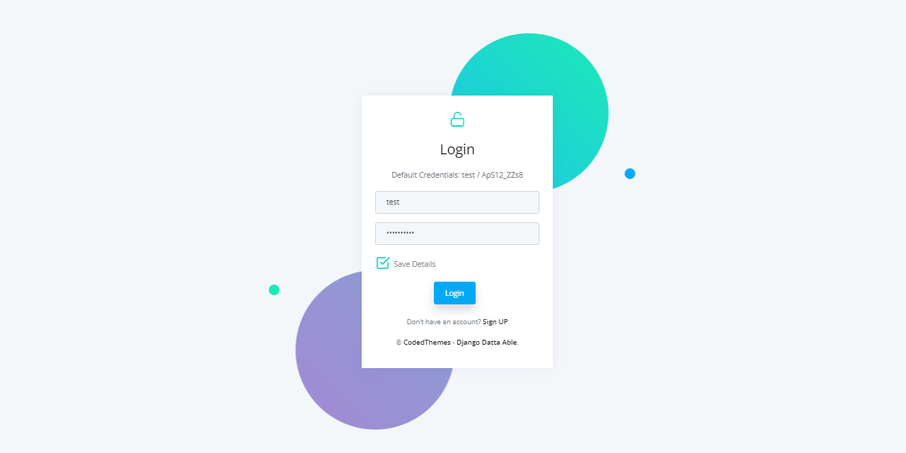A coloful login page provided by Django Datta Able, an open-source seed project crafted by AppSeed and CodedThemes.