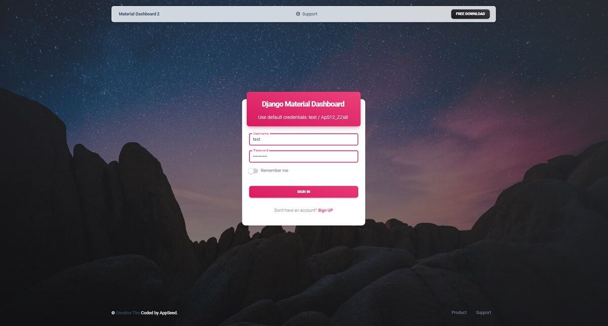 Login page provided by Material Dashboard Django, an open-source seed project crafted by AppSeed and Creative-Tim. 