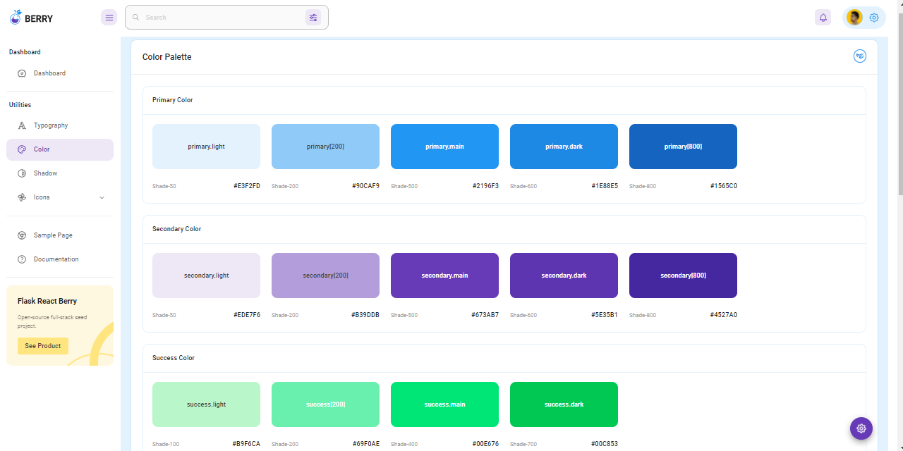 Colors page provided by Berry Dashboard, an open-source seed project crafted with Flask & React.