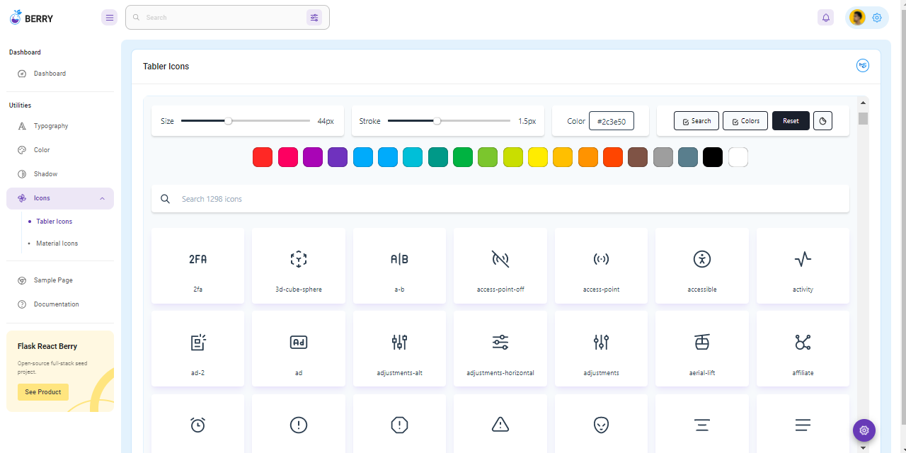 Icons page provided by Berry Dashboard, an open-source seed project crafted with Flask & React.