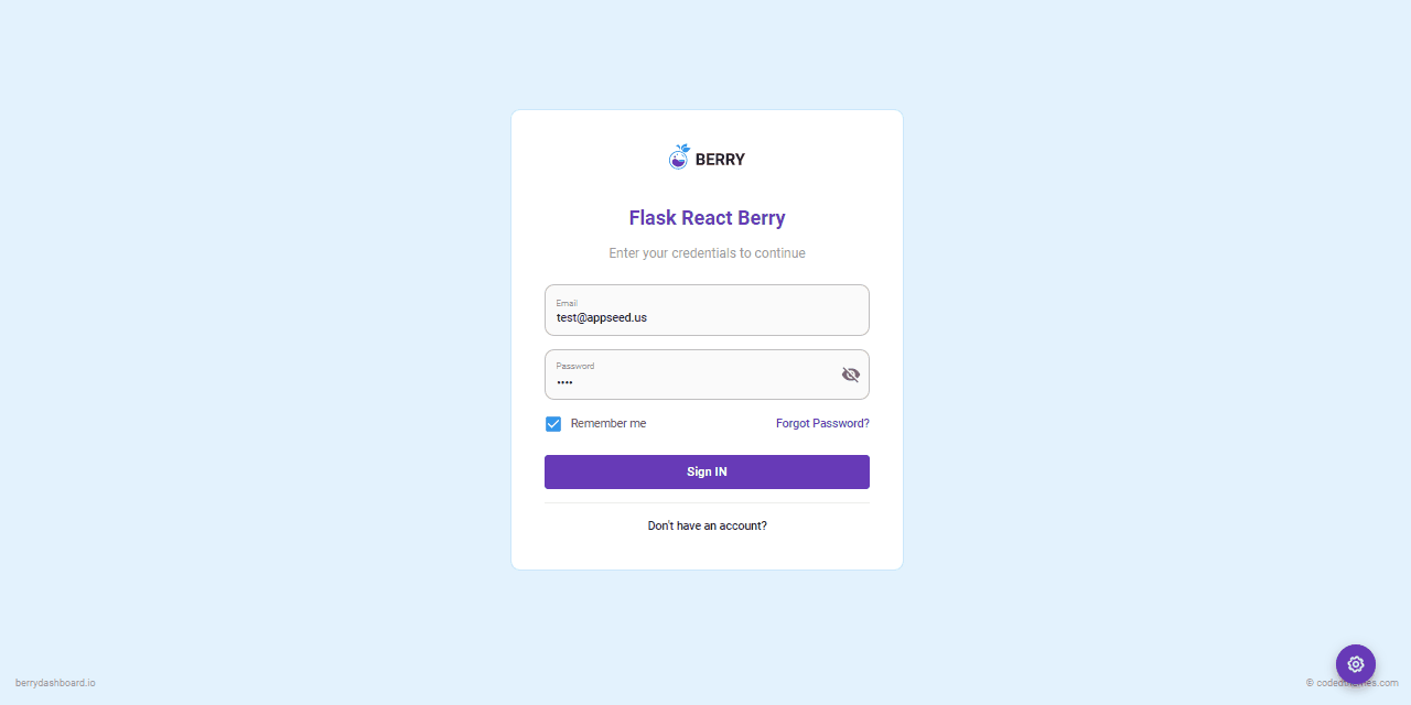 GIF animated presentation of Berry Dashboard, an open-source seed project crafted in Flask and React.