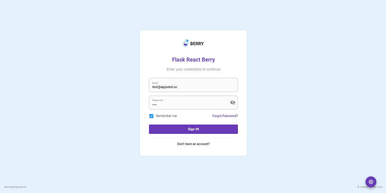 A login form provided by Berry Dashboard, an open-source seed project crafted with Flask & React.