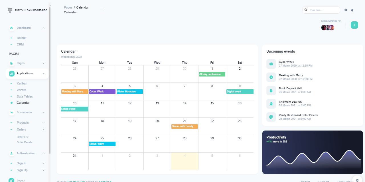 Calendar Sample Page provided by React Purity PRO, a premium Full-Stack product crafted by AppSeed and Creative-Tim.