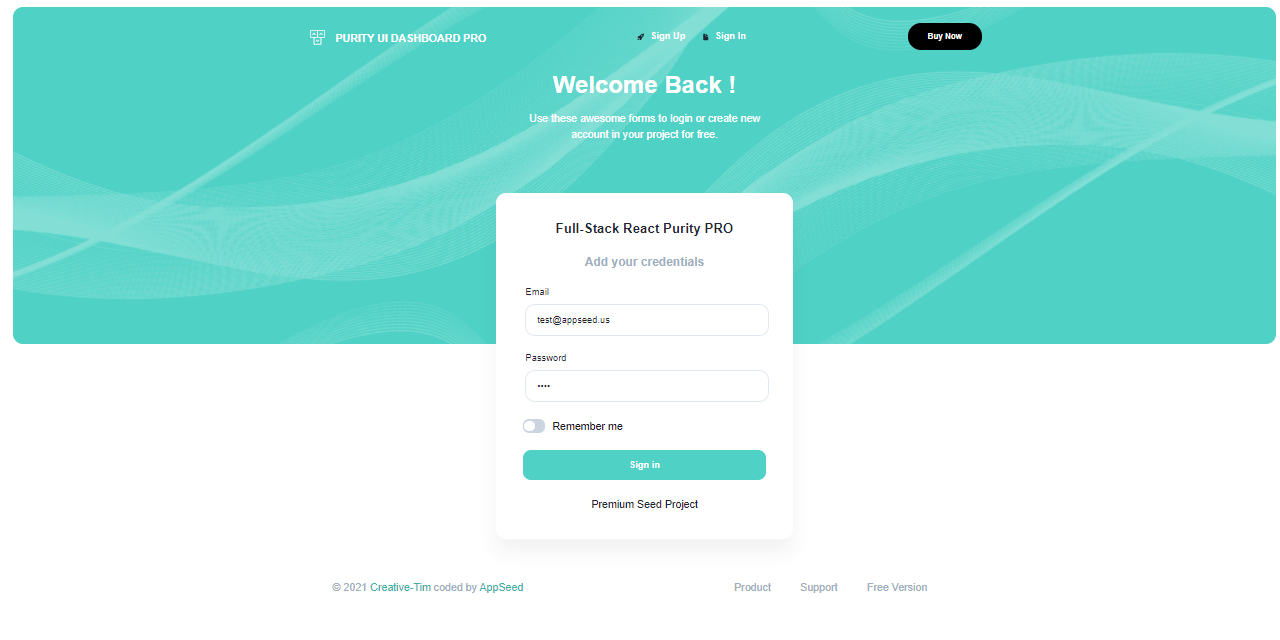 Login page provided by React Purity PRO, a premium Full-Stack product crafted by AppSeed and Creative-Tim.