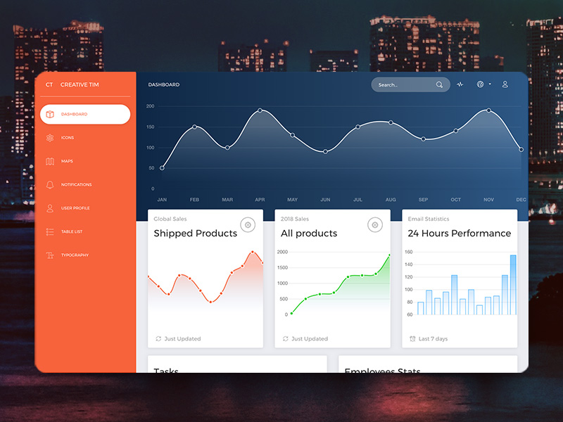 A nice designed and colorful product image of Now UI Dashboard, an open-source Bootstrap 4 Desing.