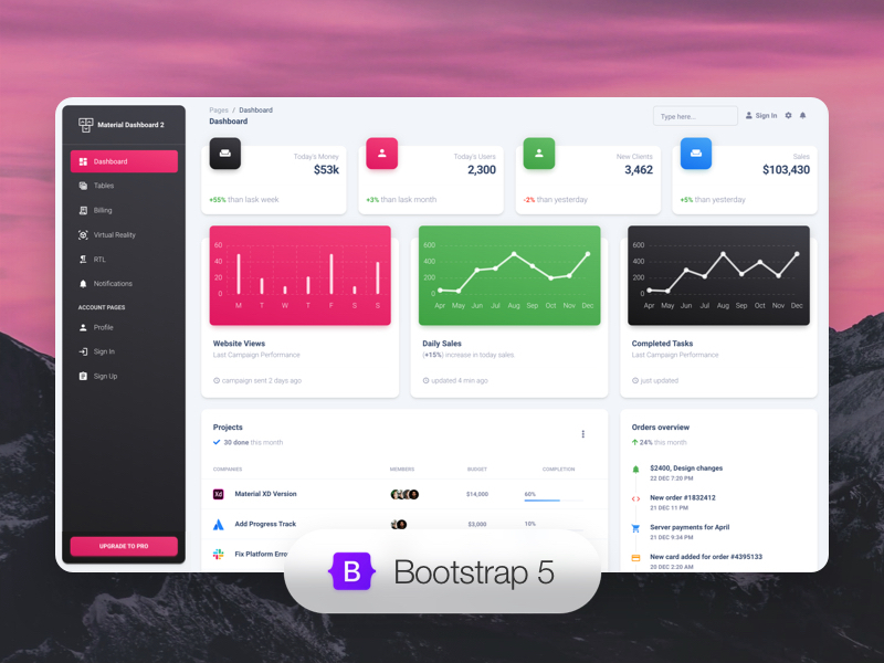 Designed for those who like bold elements and beautiful websites, Material Dashboard 2 is ready to help you create stunning websites and web apps.