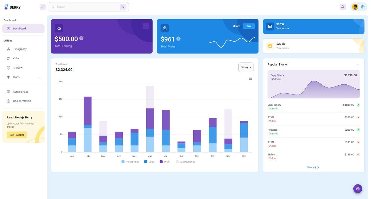 A colorful Dashboard Page provided by Berry Template, an open-source React Flask Authentication Sample.