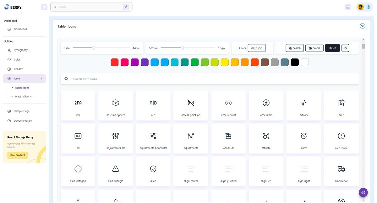A colorful Icons page provided by Berry Template, an open-source React Flask Authentication Sample.