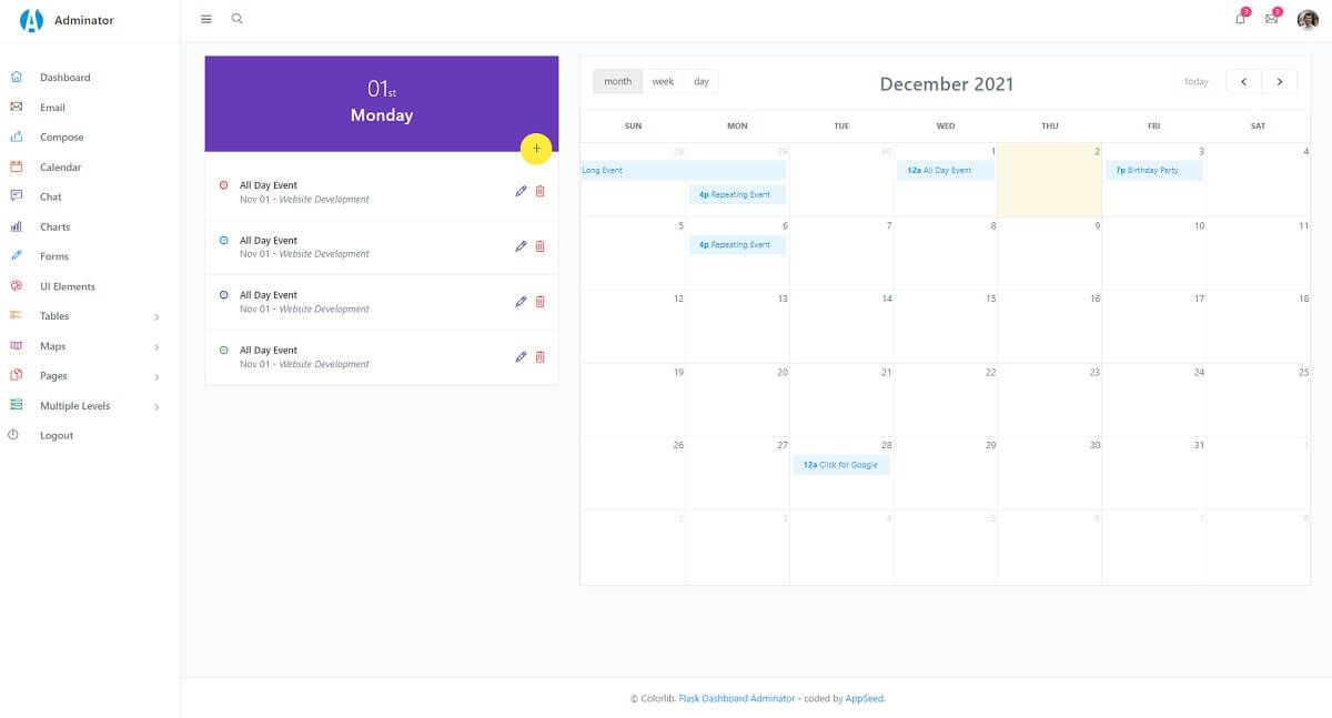 Calendar app with many interactive controls, all provided by Adminator Dashboard.