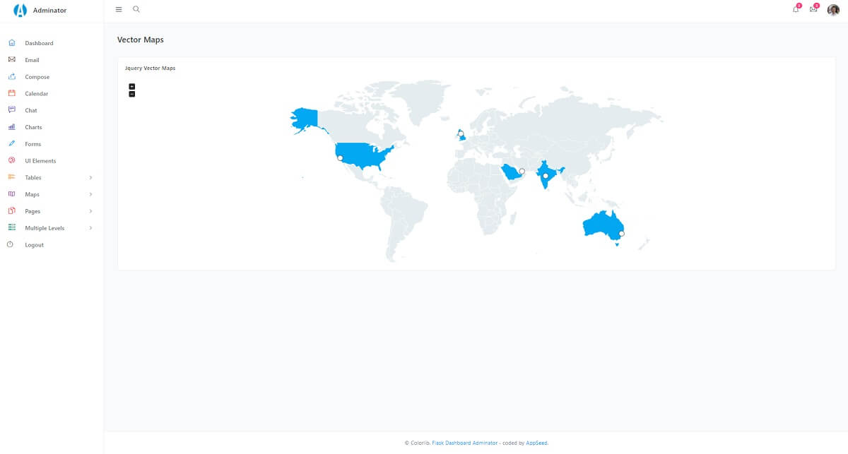 A colorful maps page provided by Adminator, an useful and production-ready Flask Seed product.