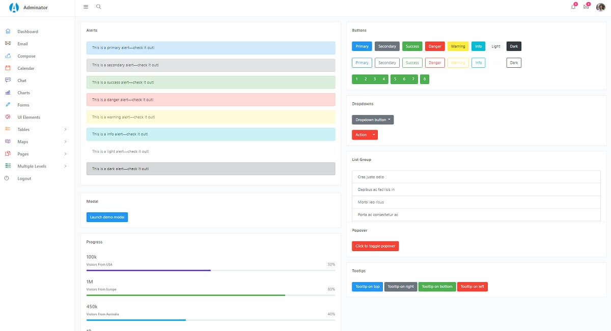 UI Elements Page with buttons and forms, all provided by Adminator Dashboard.