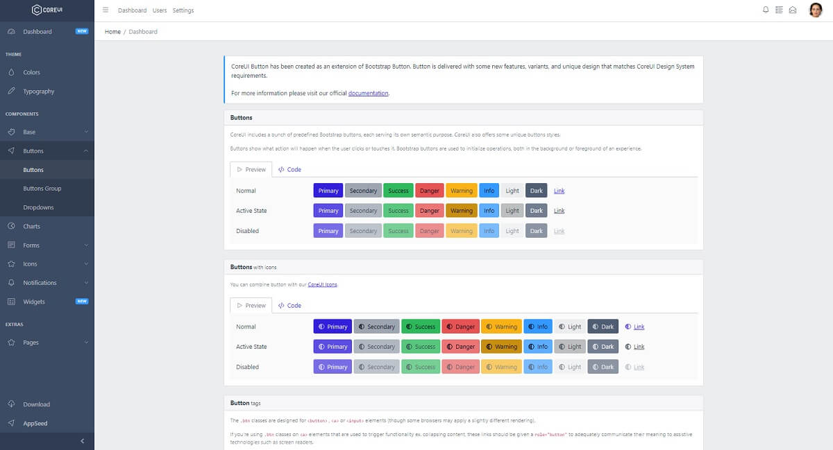 A colorful page with material-designed buttons, all provided by CoreUI Django (open-source project).  