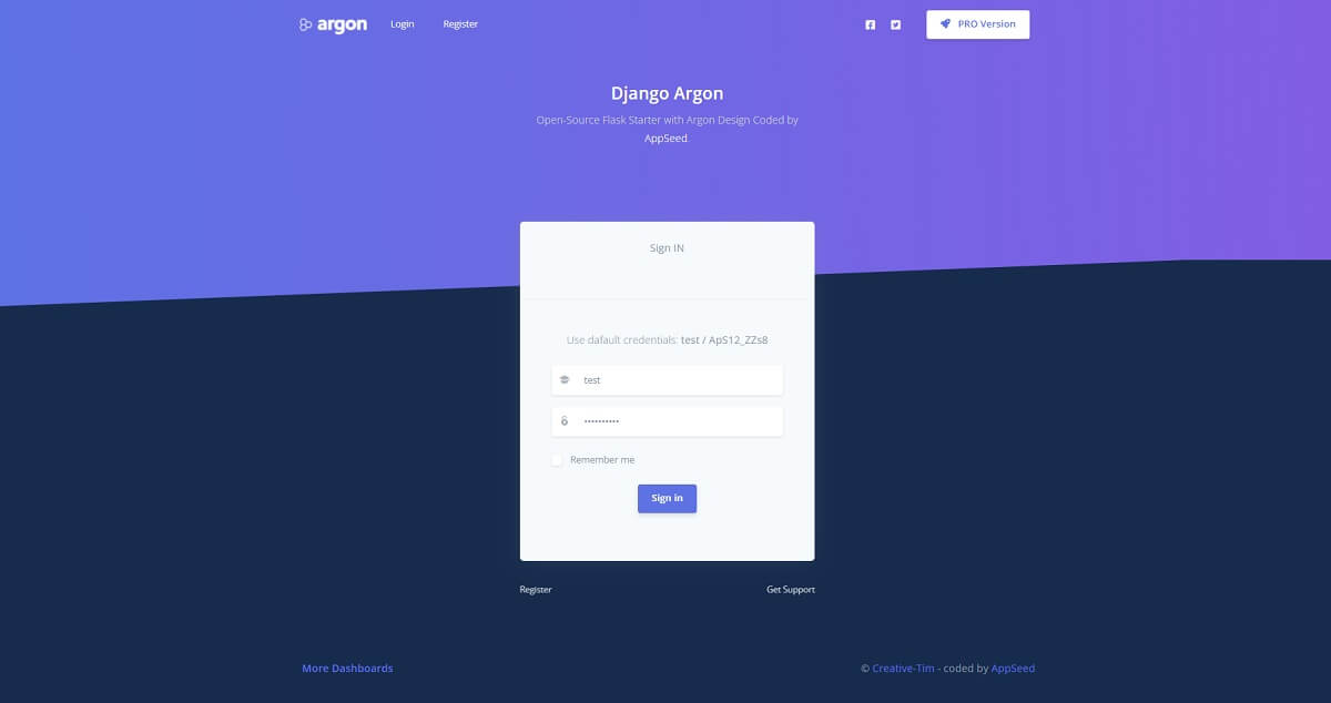 A simple, yet beautiful login page provided by Argon, an open-source Django Seed project. 