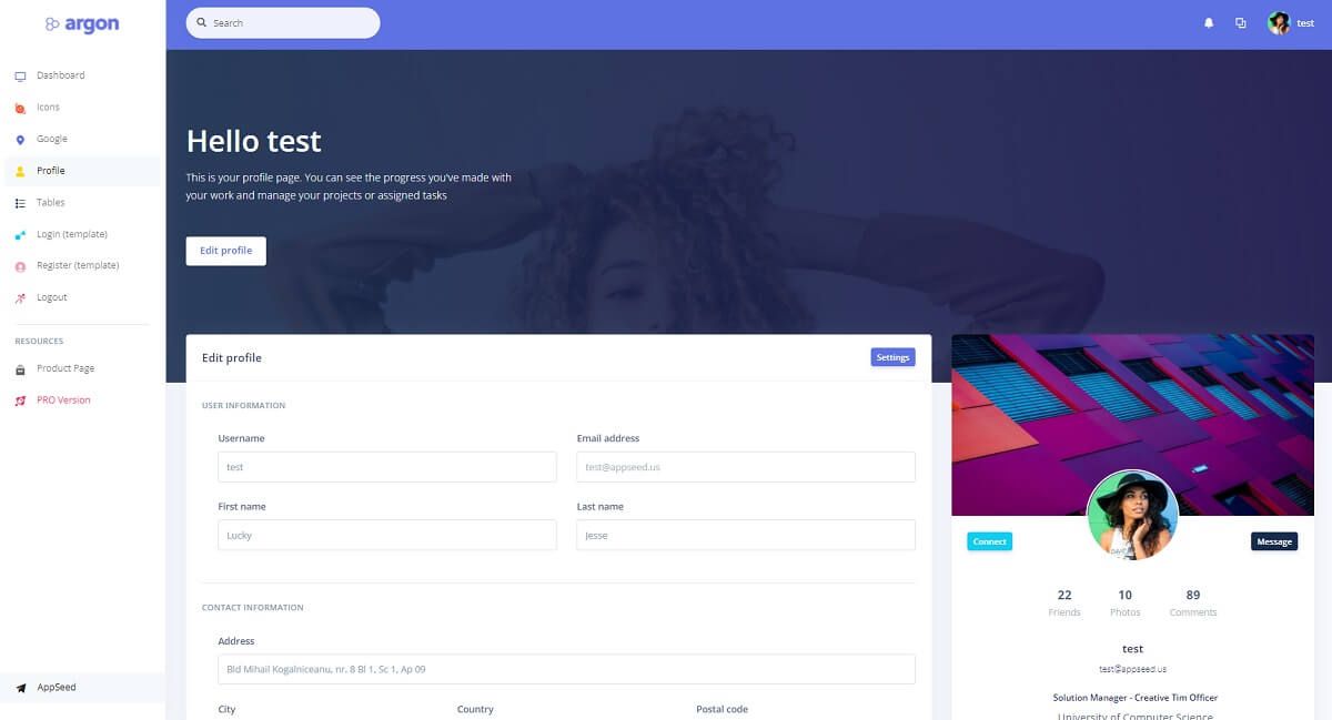 A modern profile page with a clean design, all provided by Argon Django, an open-source seed project crafted by AppSeed.