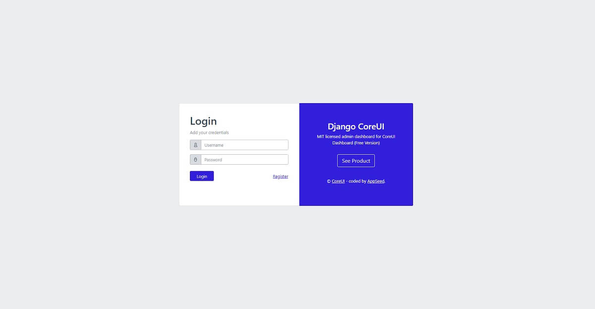 A simple login form provided by Django CoreUI, an open-source seed project crafted by CoreUi and AppSeed.