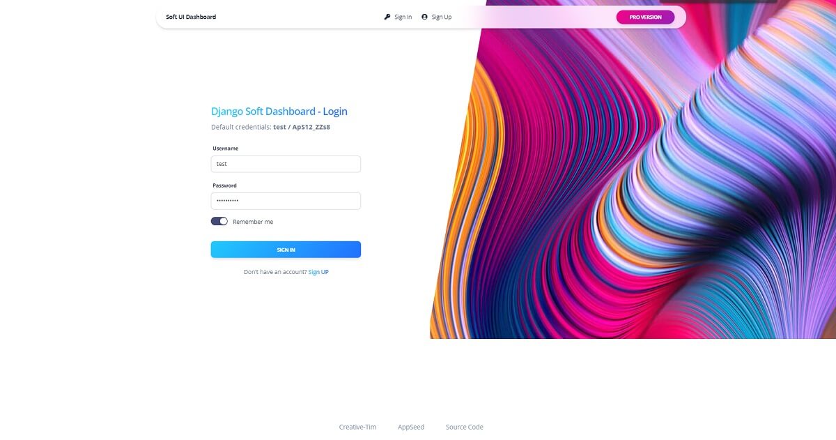 A colorful and modern login page provided by Django Soft UI, a moder Bootstrap 5 design. 