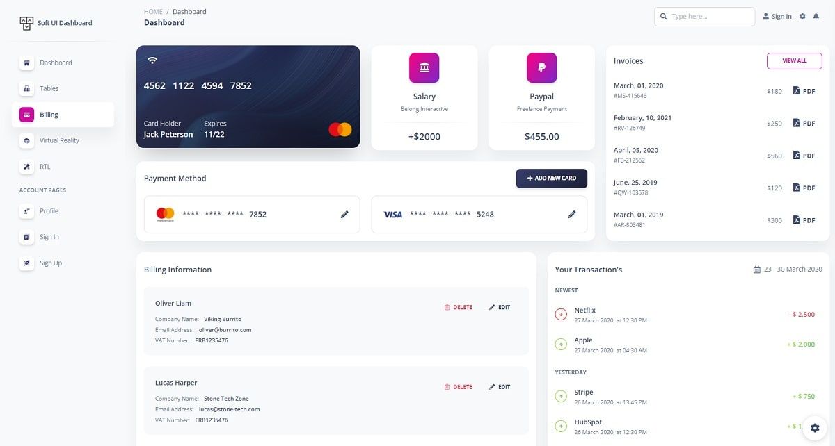 A colorful billing page with cards and payments widgets, all provided by Soft UI Dashboard, an opne-source design from Creative-Tim.