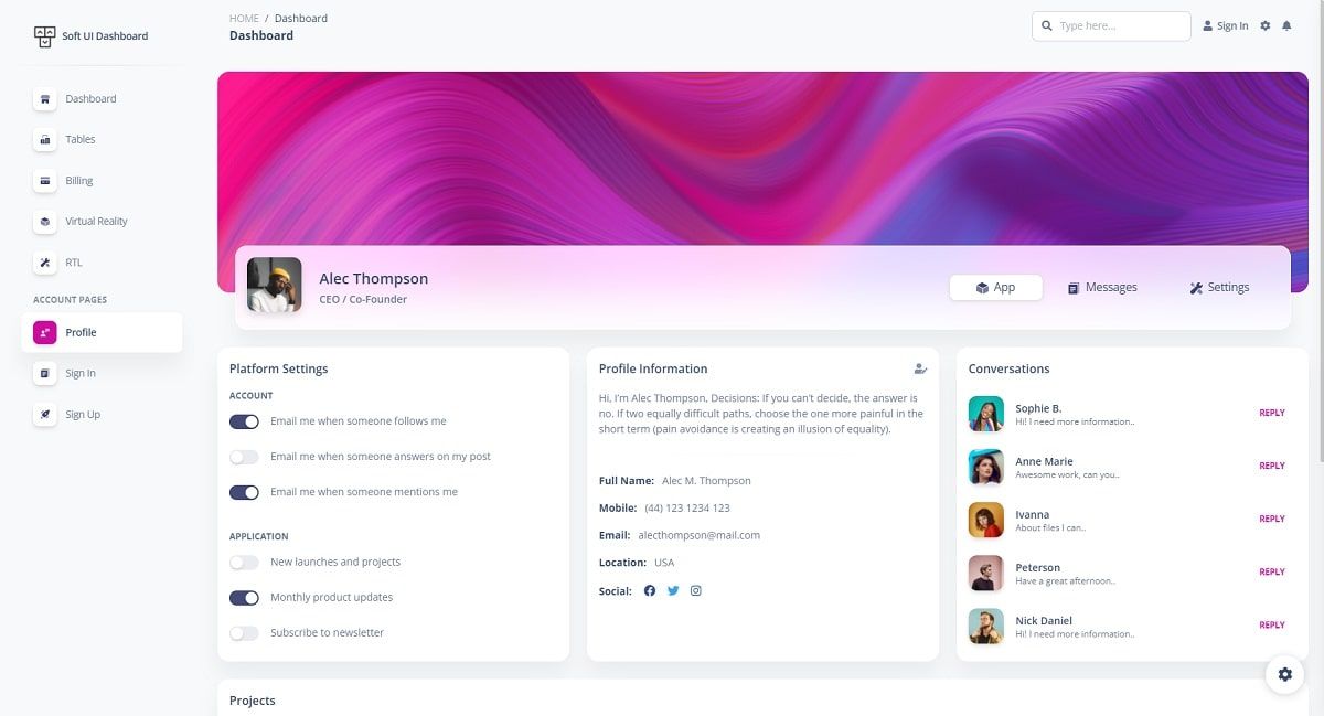 A colorful user-profile page with an user avatar, all provided by Soft UI Dashboard, an opne-source design from Creative-Tim.