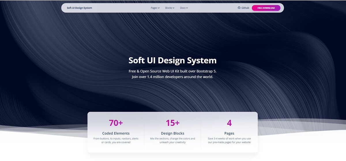 A futuristic hero section with cold colors provided by Soft UI Design System, an open-source Bootstrap 5 UI Kit. 