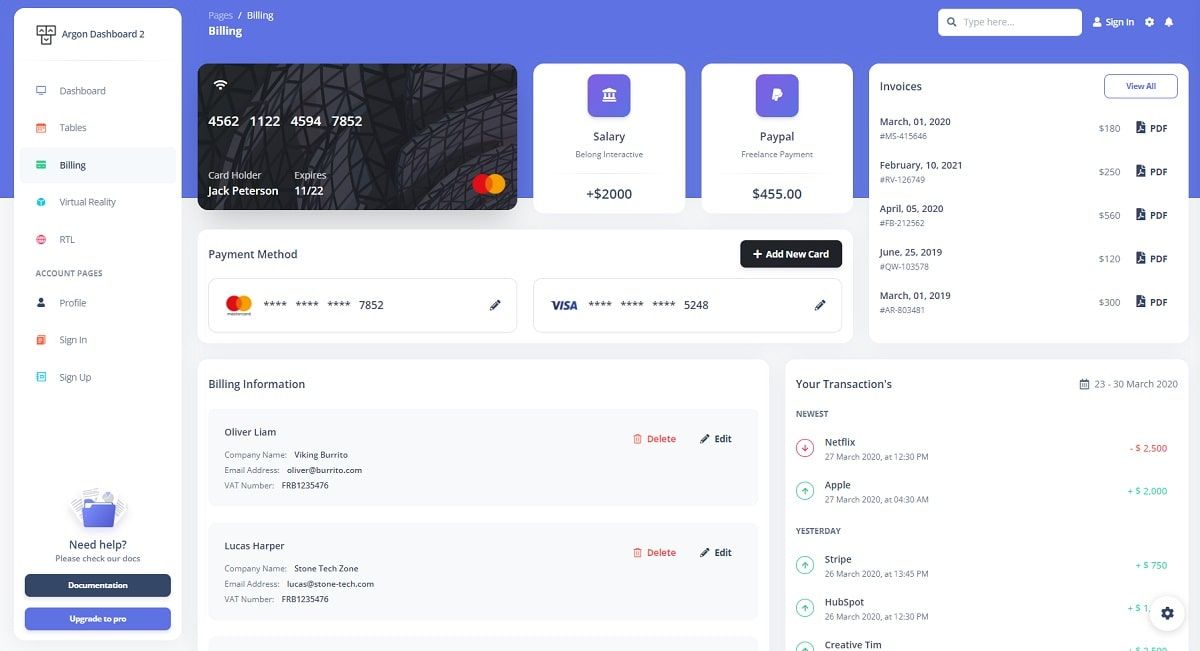 Argon Dashboard 2 - Billing Page.