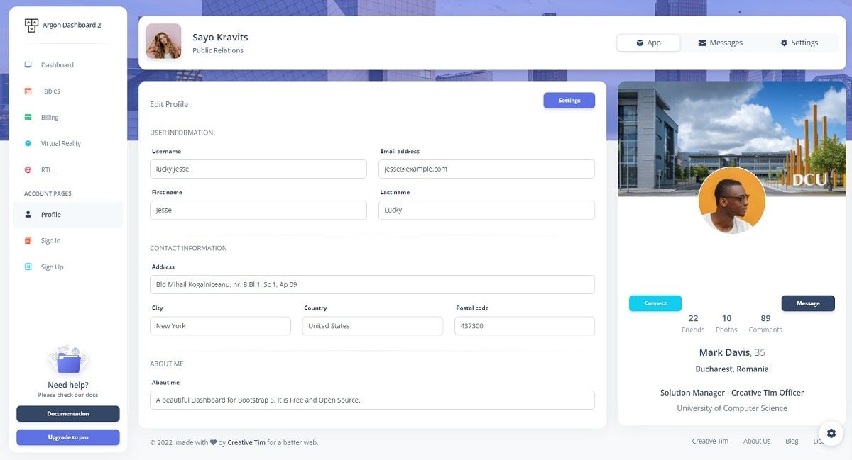 Argon Dashboard 2 - User Profile Page.