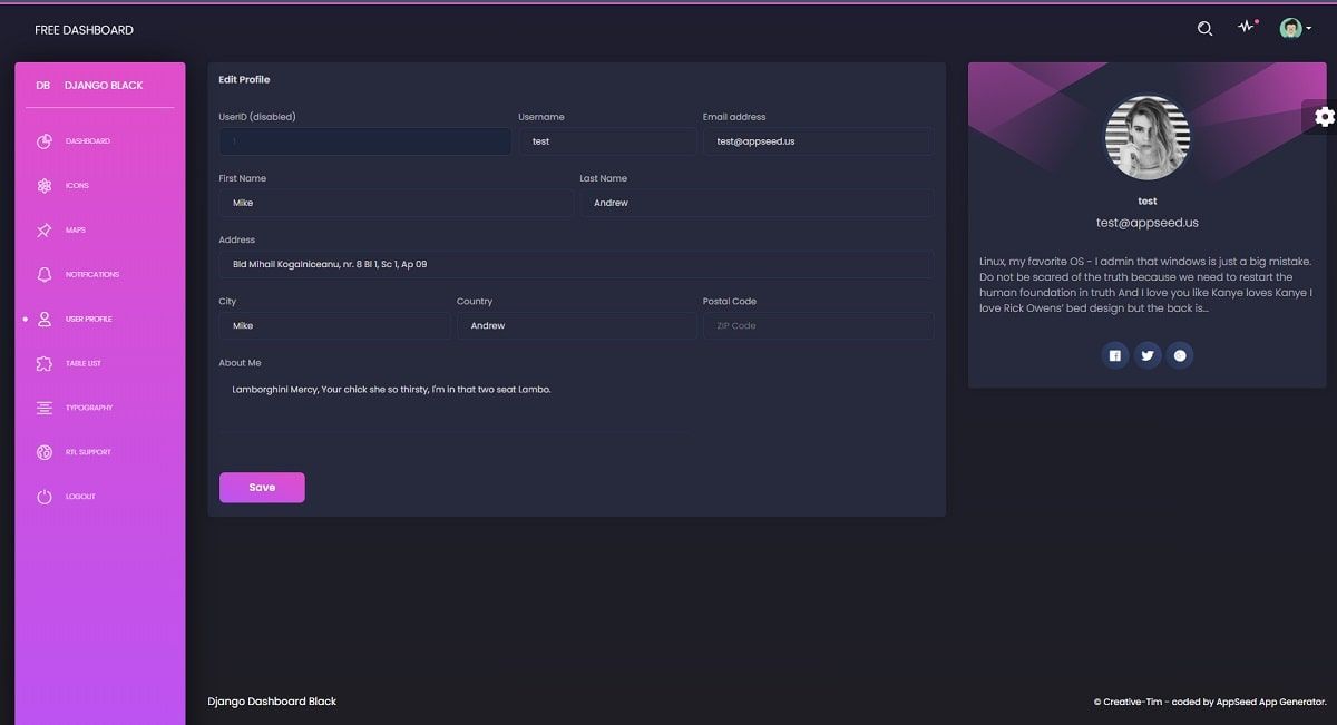 Django Black Dashboard (Open-Source) - Profile Page.