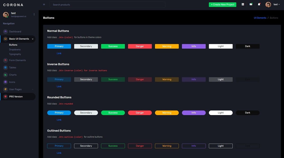 Django Template Corona Dark (Open-Source) - UI Buttons