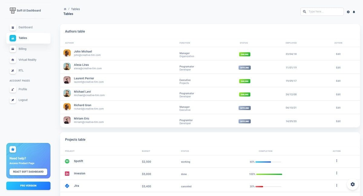 Flask React Soft Dashboard (Free Product) - UI Tables Page